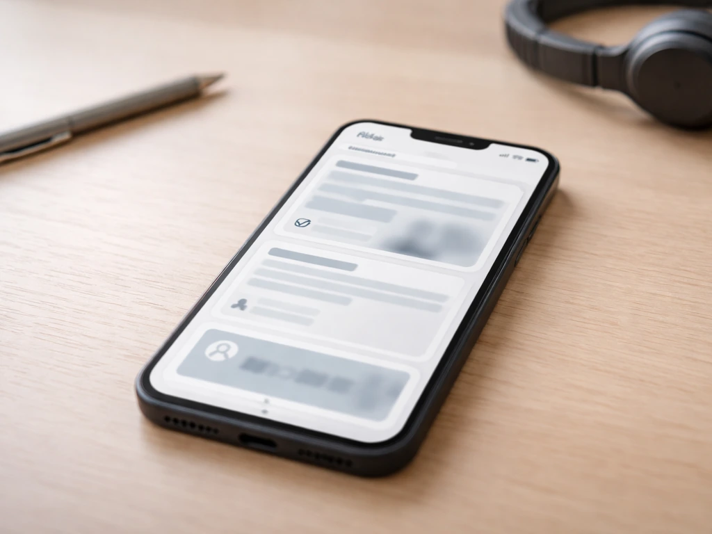 Minimal desk scene with a smartphone showing news cards and a separate analytics widget-style panel, no text.