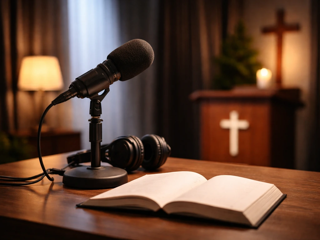 Minimal media studio desk with a microphone, headphones, and warm lamp light in a softly blurred background.