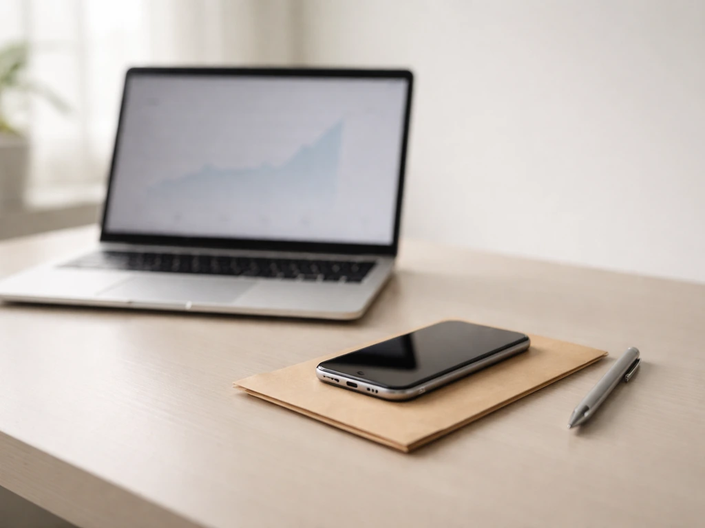 Minimal desk scene with a smartphone, cash envelope, and a laptop showing blurred media analytics—no readable text.