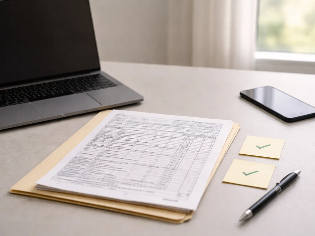 Open laptop and IRS-style paperwork on a desk with blank checklist notes and a pen.