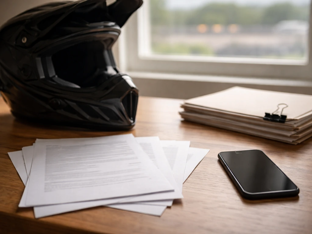Empty motocross helmet on a desk beside papers and a smartphone, symbolizing verifying a net worth estimate