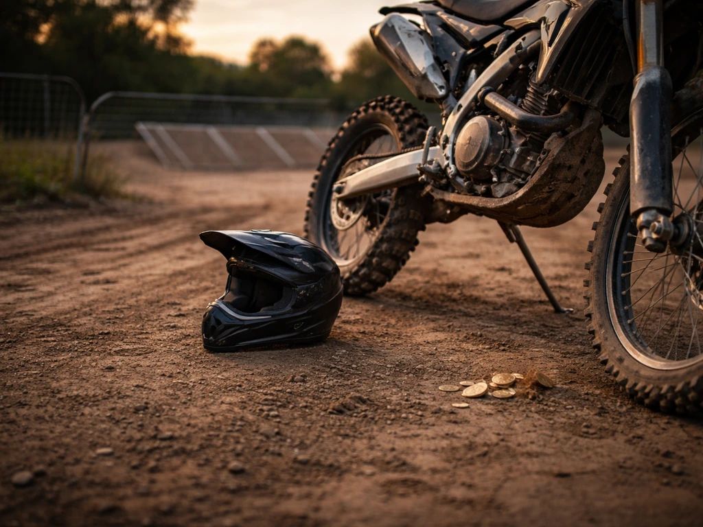 Motocross bike and helmet on a quiet dirt track with a few gold coins nearby.