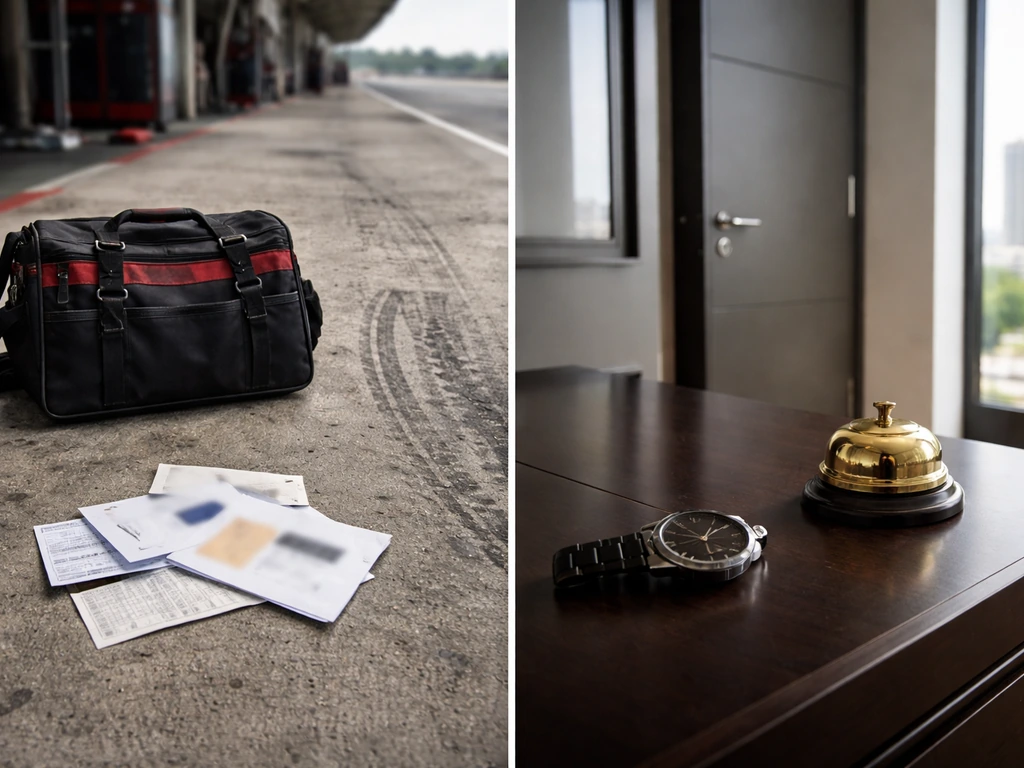 Minimal split-style photo showing racing sponsorship and factory pay symbols side-by-side