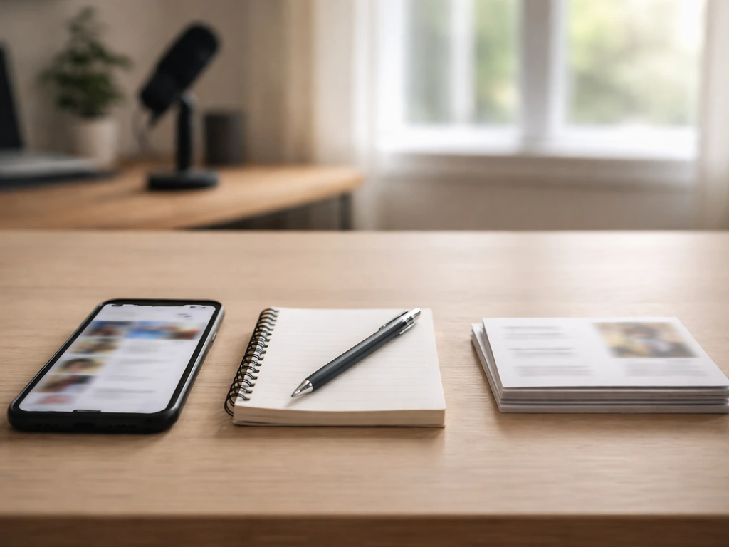 Desk scene with blurred phone, blank notebook, and pen suggesting verification using public sources and media links.