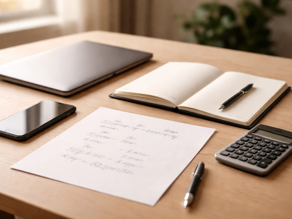 Minimal office desk scene with a calculator, notebook, and pen showing valuation-style work setup
