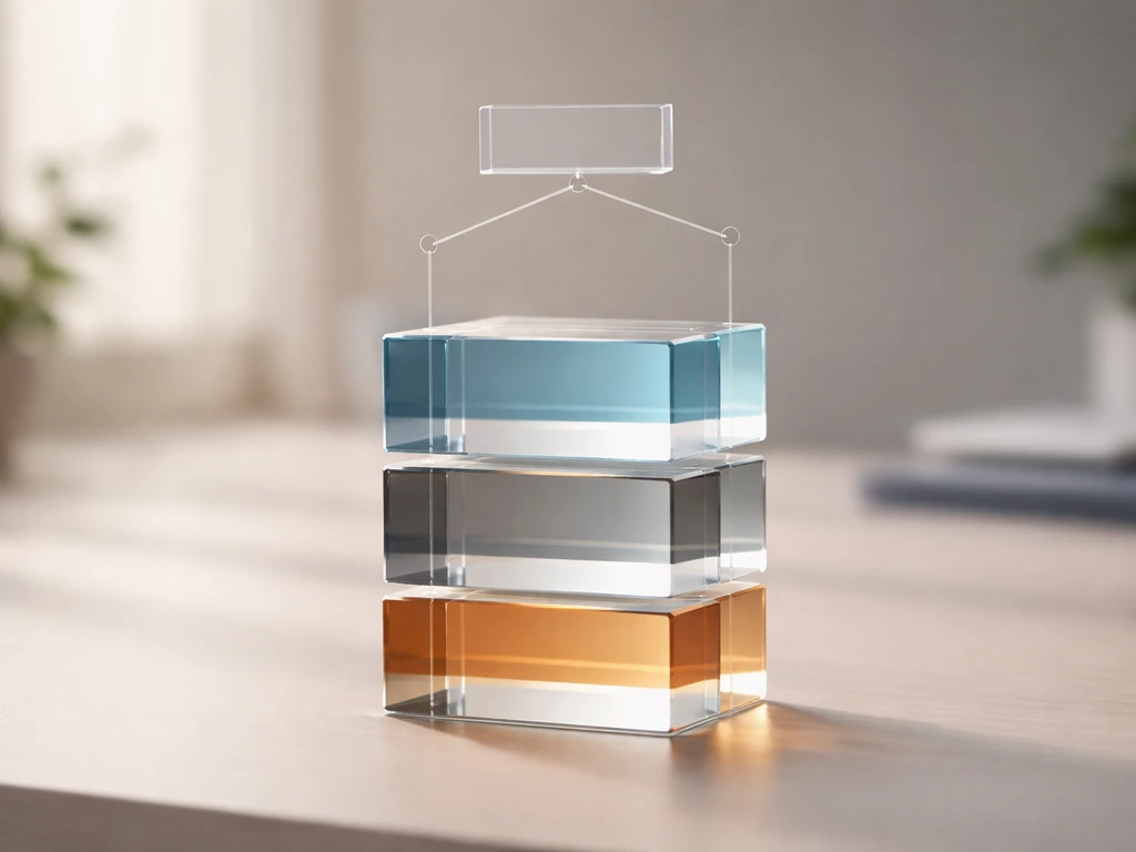 Minimal desk scene with stacked acrylic blocks and connectors suggesting a top controlling entity hierarchy.