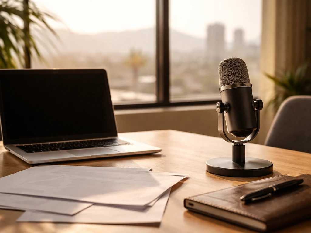 Minimal office desk scene with a microphone and business documents, symbolizing an inventor-entrepreneur profile.