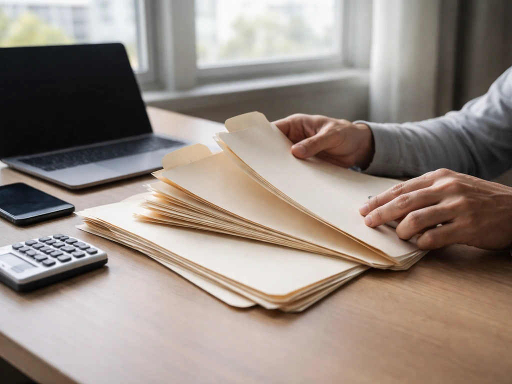 Minimal desk scene with patent documents and a calculator showing how net worth estimates are built