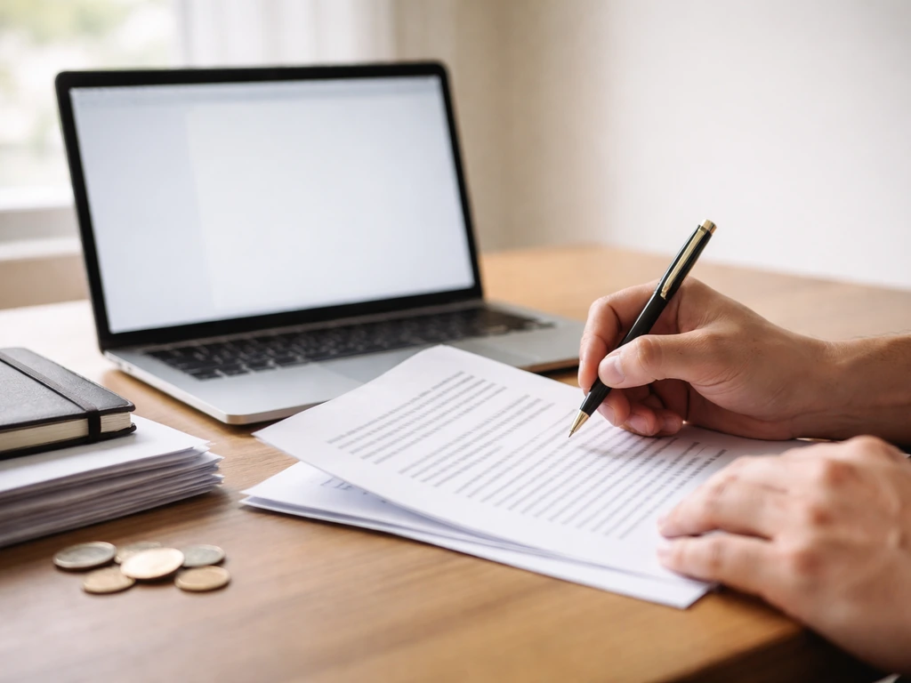 Person reviewing methodology notes beside a computer, with financial papers and a coin stack on a desk.