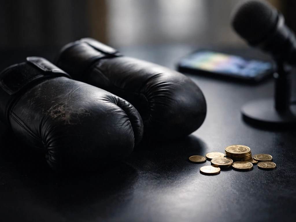 Boxing glove and scattered coin-like reflections beside a smartphone showing blurred finance headlines, no text.