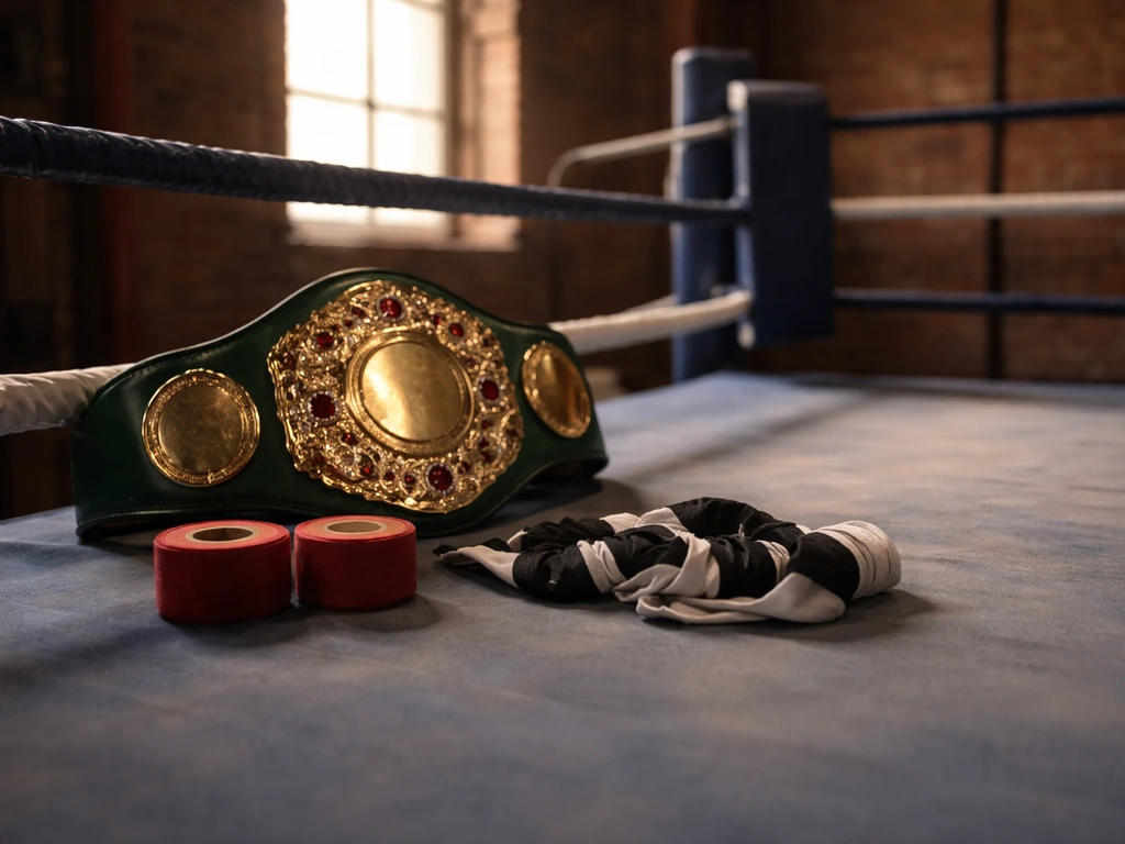 Championship belt and boxing tape resting on ropes in an empty boxing ring, implying title-fight earnings.