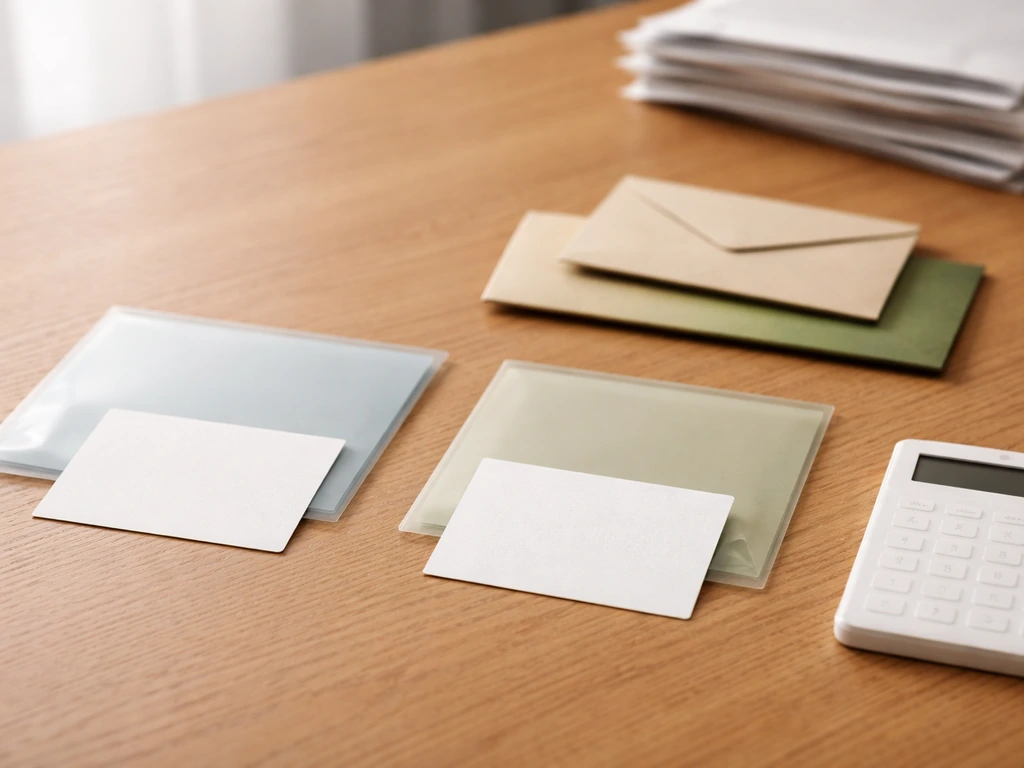 Minimal desk scene with two mismatched blank cards, folders, and a calculator symbolizing differing estimates.