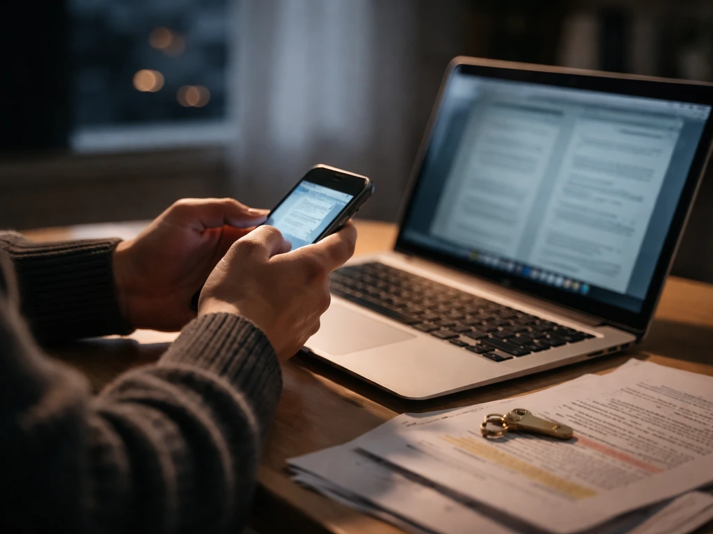 Anonymous hands researching on a laptop and smartphone on a desk with documents and money-adjacent cues.