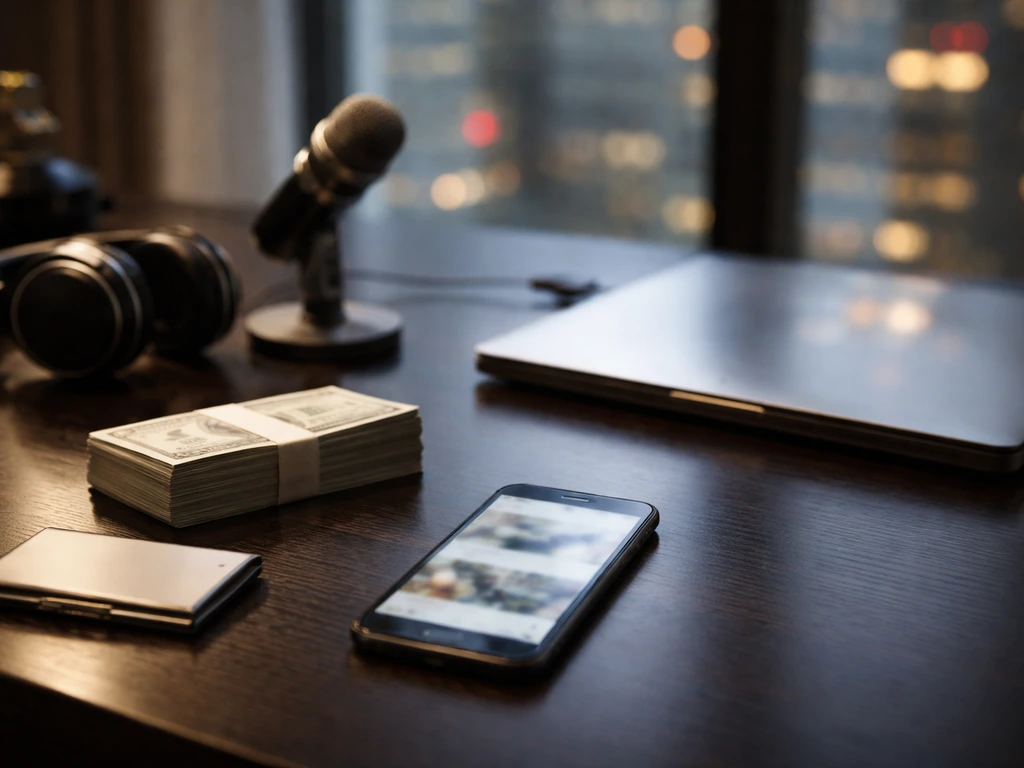 Anonymous media-and-finance desk scene with blurred phone news, microphone, and city light reflections.