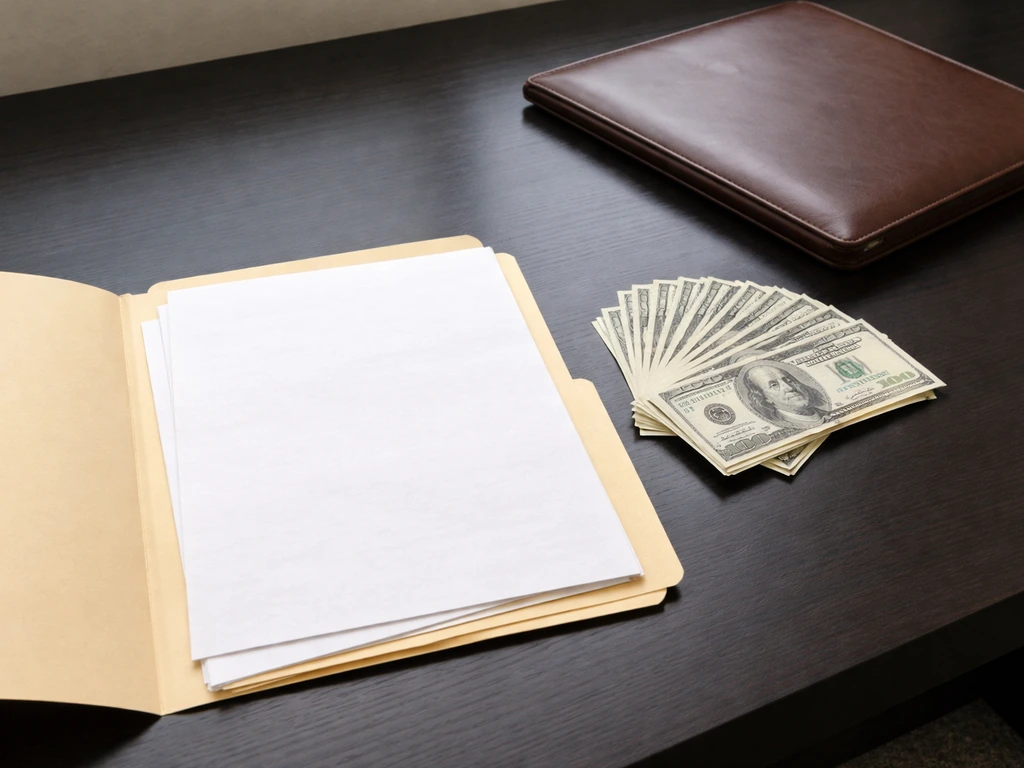 Minimal desk scene with cash and a business report folder, symbolizing an estimated wealth range.