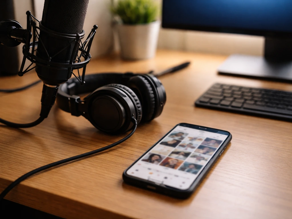Phone on a desk beside a microphone shows blurred social profile tiles, symbolizing online identity mix-ups.