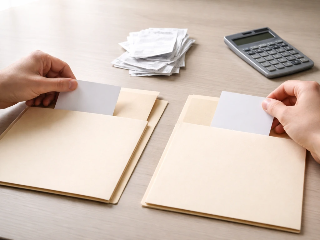 Close-up of hands placing two paper cards labeled assets and liabilities into separate folders on a desk