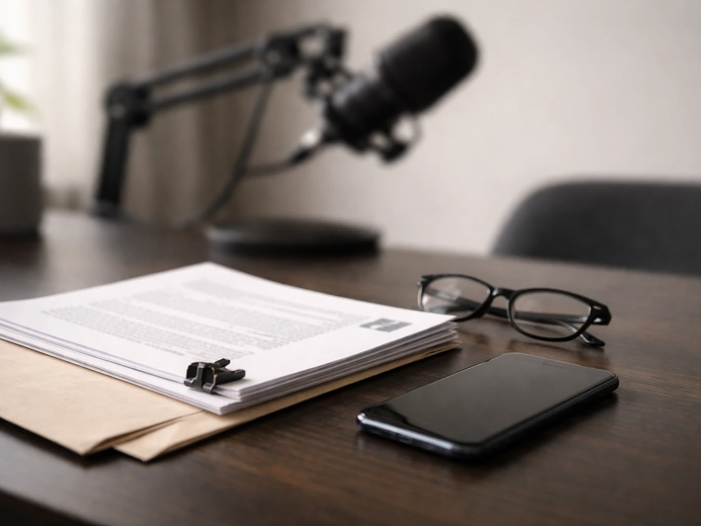 Anonymous desk with phone, documents, and microphone suggesting claim vs evidence verification.