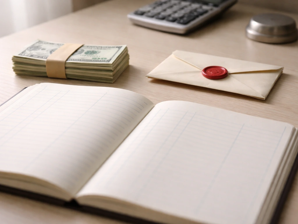 Open accounting ledger with cash bundle and sealed envelope on a desk, symbolizing assets minus liabilities.