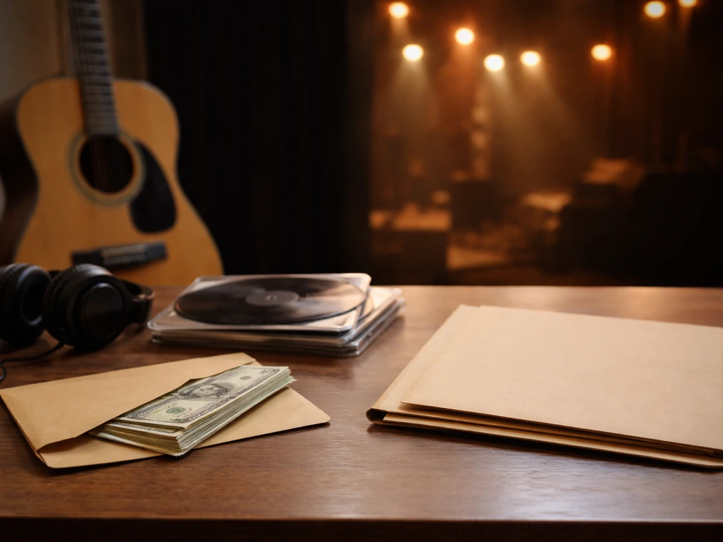 Musician-themed desk scene showing touring and royalty income cues: guitar, headphones, money envelope, and contract fol