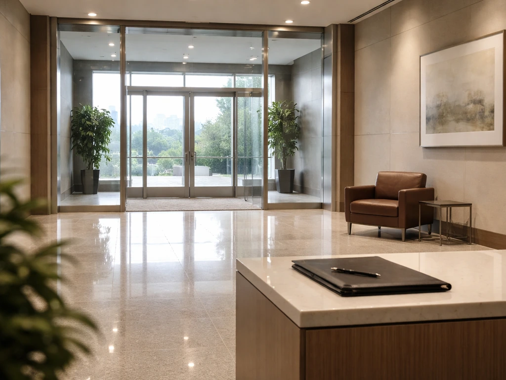Sunlit view of a modern corporate building lobby with subtle wealth-themed office details.