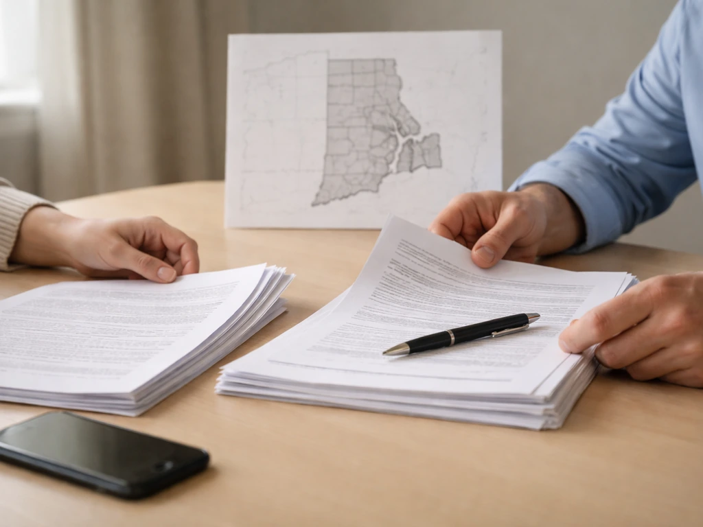 Close-up of hands reviewing real estate documents beside a softly blurred Rhode Island-style map backdrop