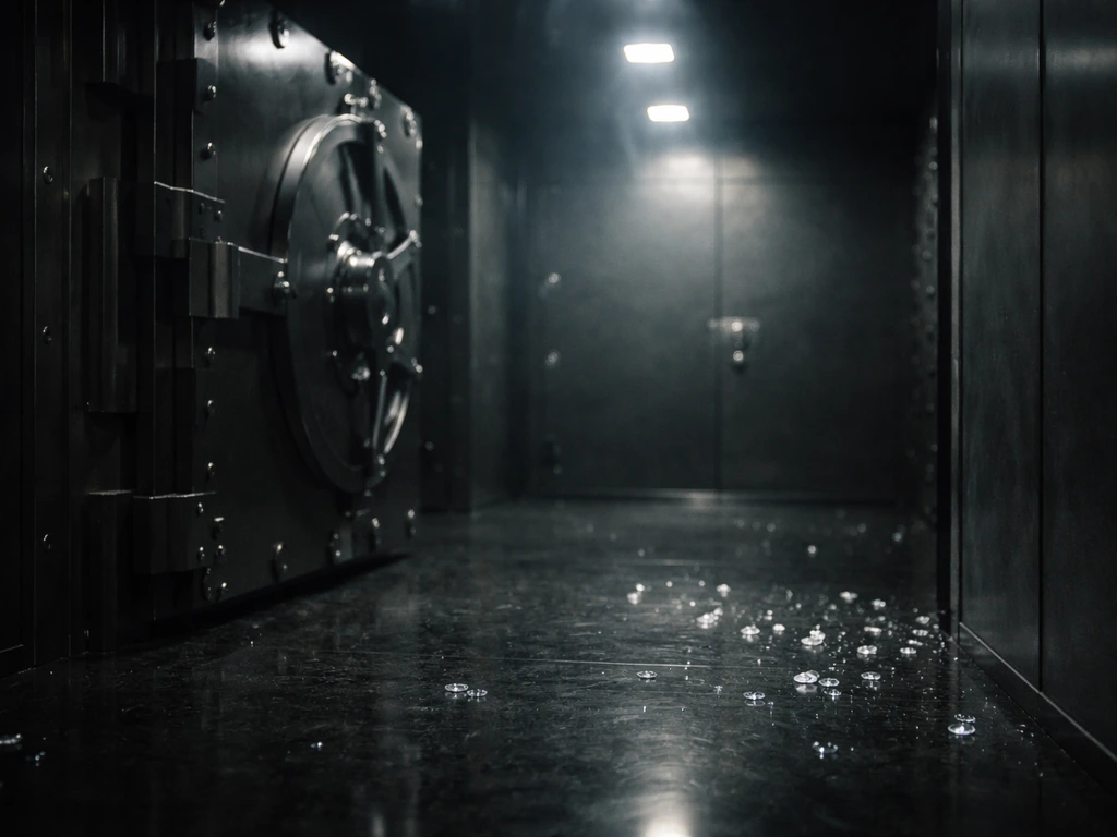 Moody interior view of a secure diamond vault with blurred vault door and sparkling reflections, no people.