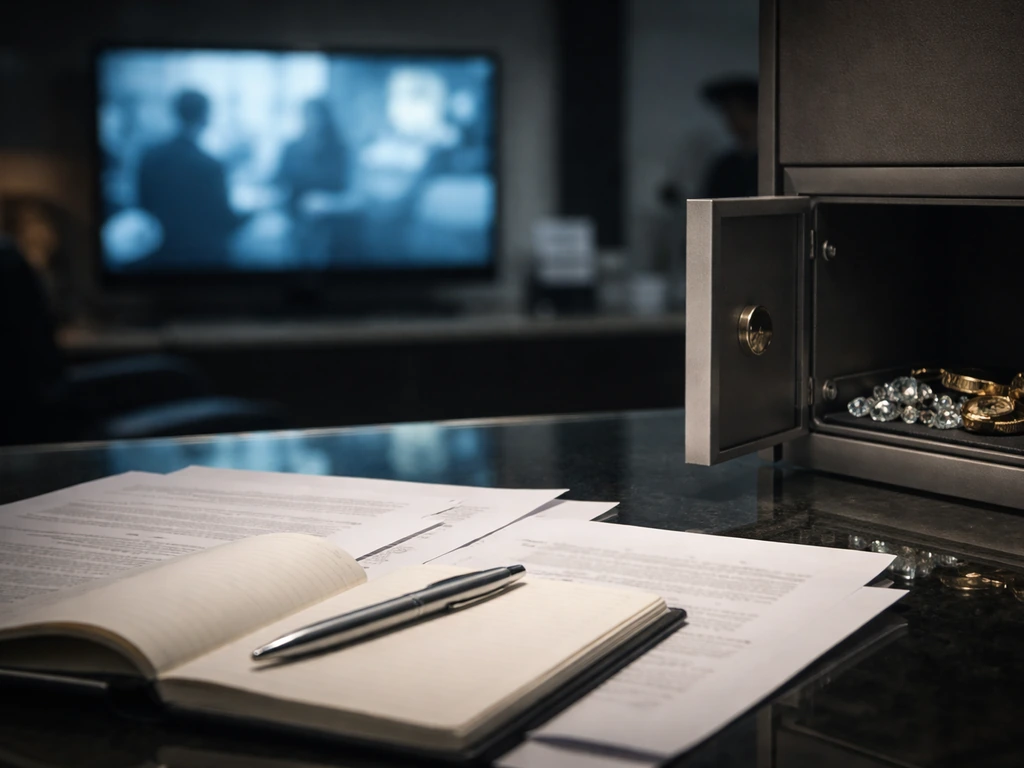 Dim office scene with a blurred TV screen showing a news documentary feel and diamond vault symbolism