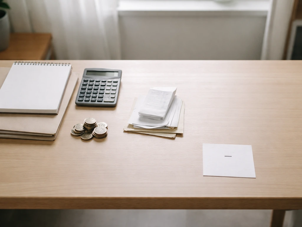 Minimal desk scene with calculator, coins, receipts, and blank pages suggesting missing net-worth data