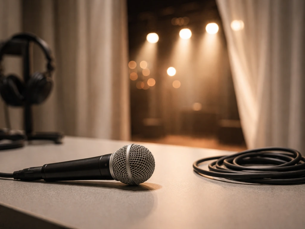 Close-up of a microphone on a studio desk with soft stage lights in the background.