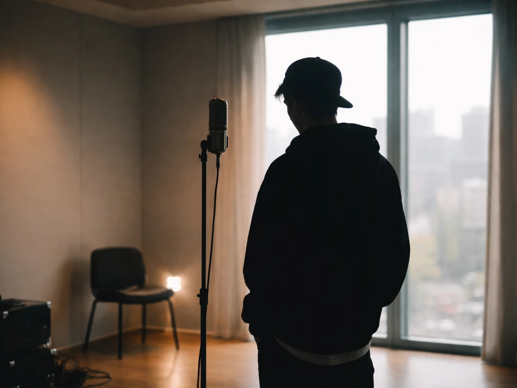 Anonymous performer in a bright studio with a microphone stand, symbolizing a singer-dancer public profile