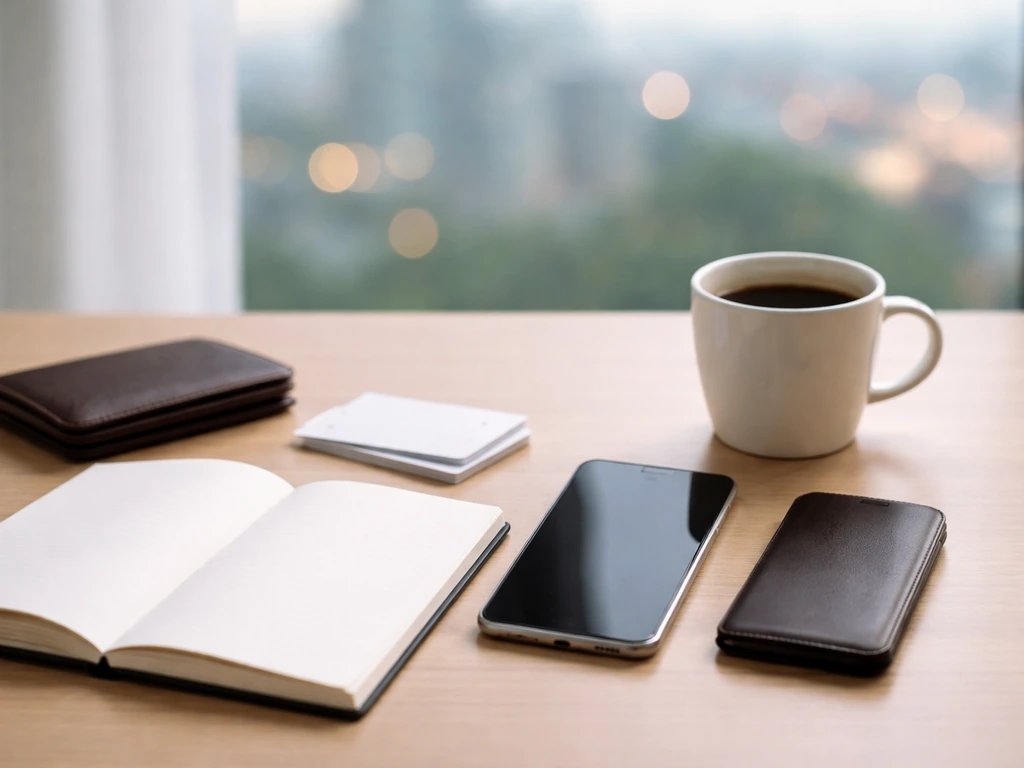 Minimal photo of a notebook and phone beside a coffee cup, symbolizing public-only celebrity net-worth inputs.