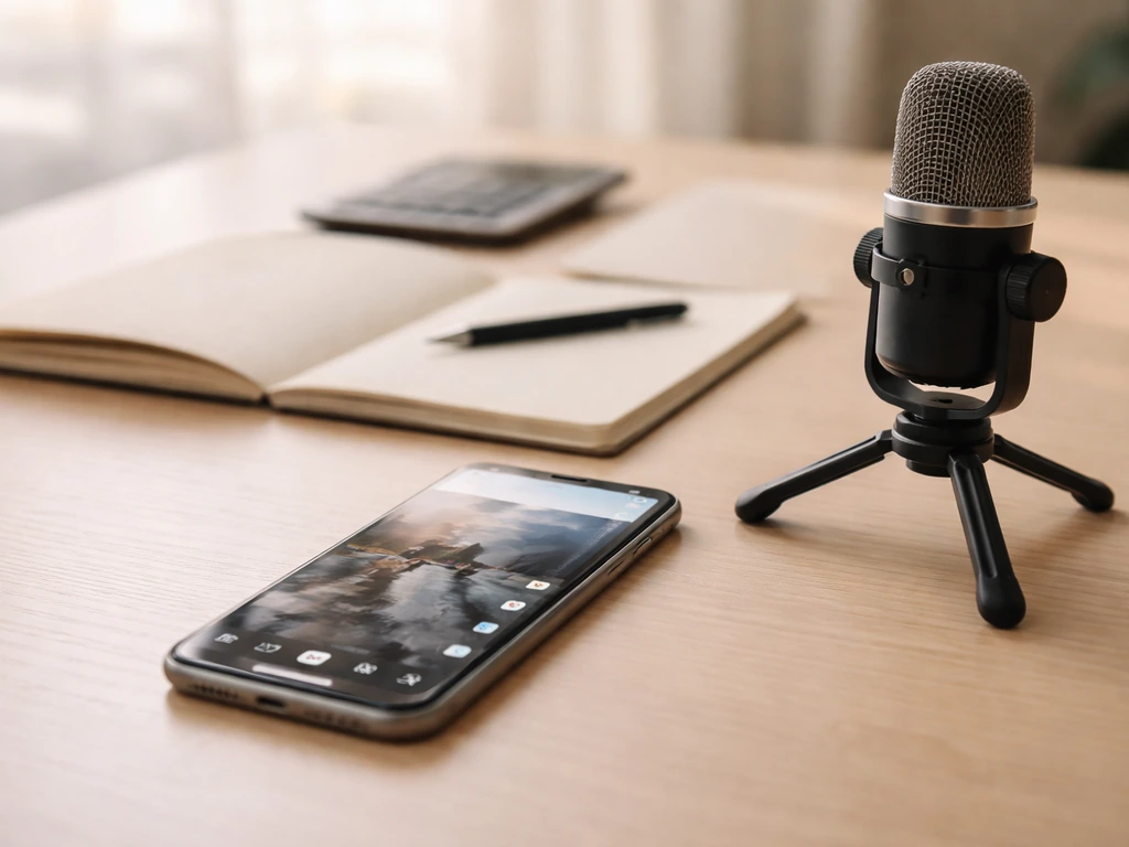 Minimal photo of a smartphone on a desk next to a microphone, suggesting checking today’s online media updates.