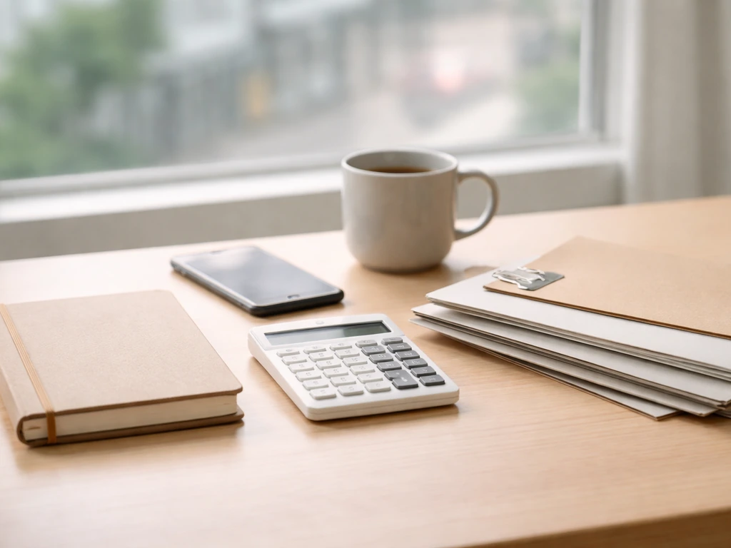 Minimal photo of a calculator, smartphone, and folders on a desk symbolizing net worth estimation.