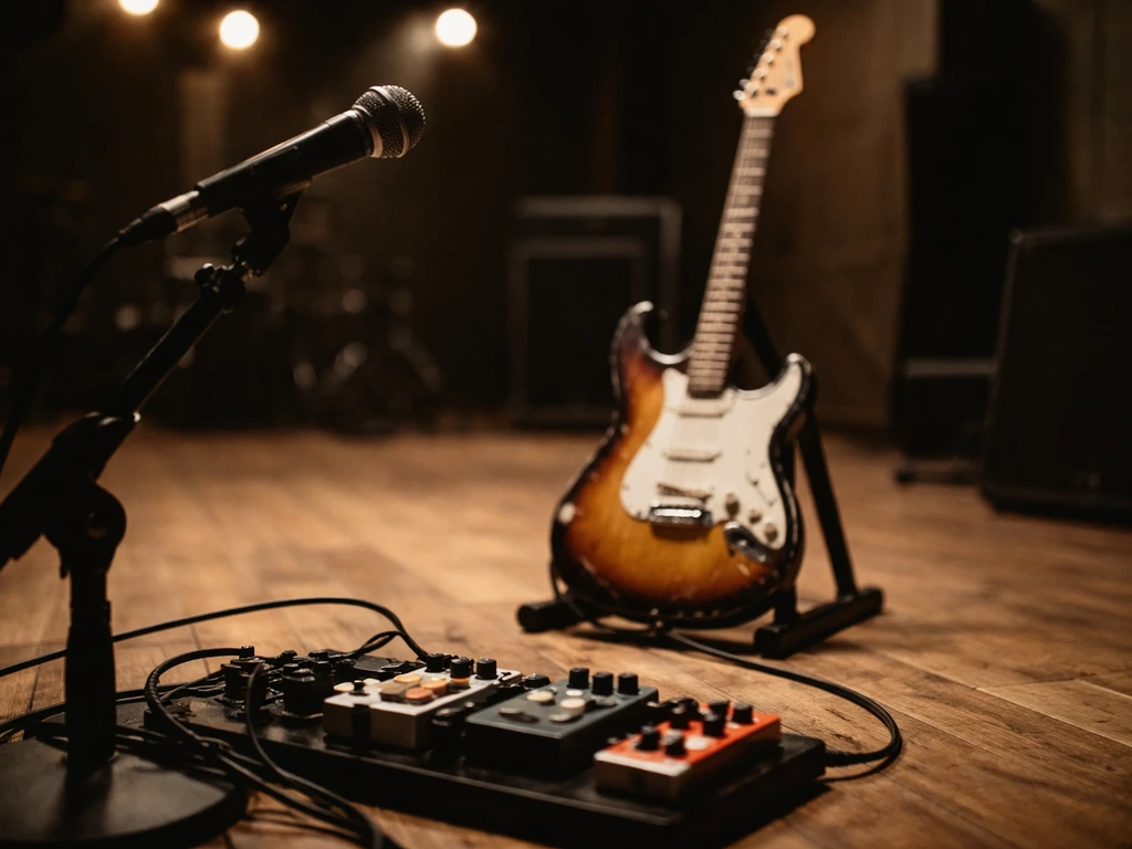 Electric guitar on a stand with a microphone in a quiet rehearsal room, soft stage lighting behind.