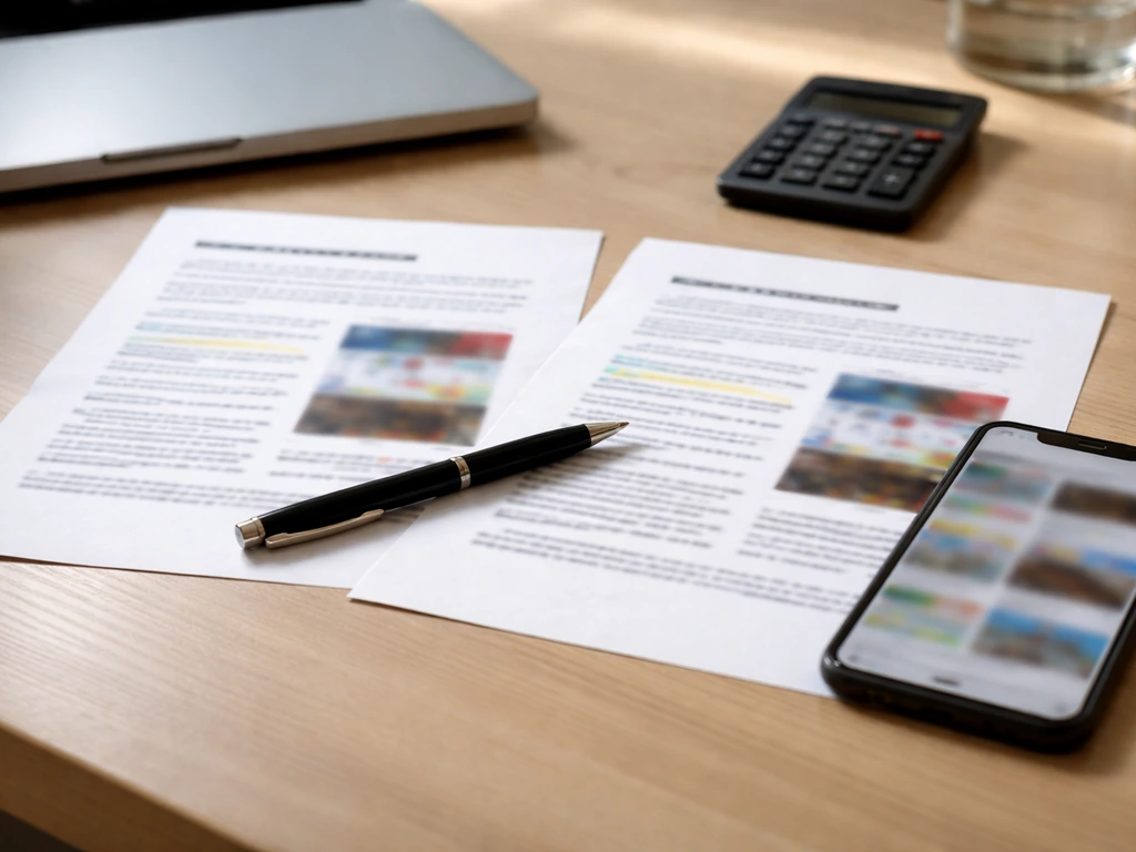 Minimal desk scene with two blurred web-page printouts and a phone, symbolizing conflicting money estimates.