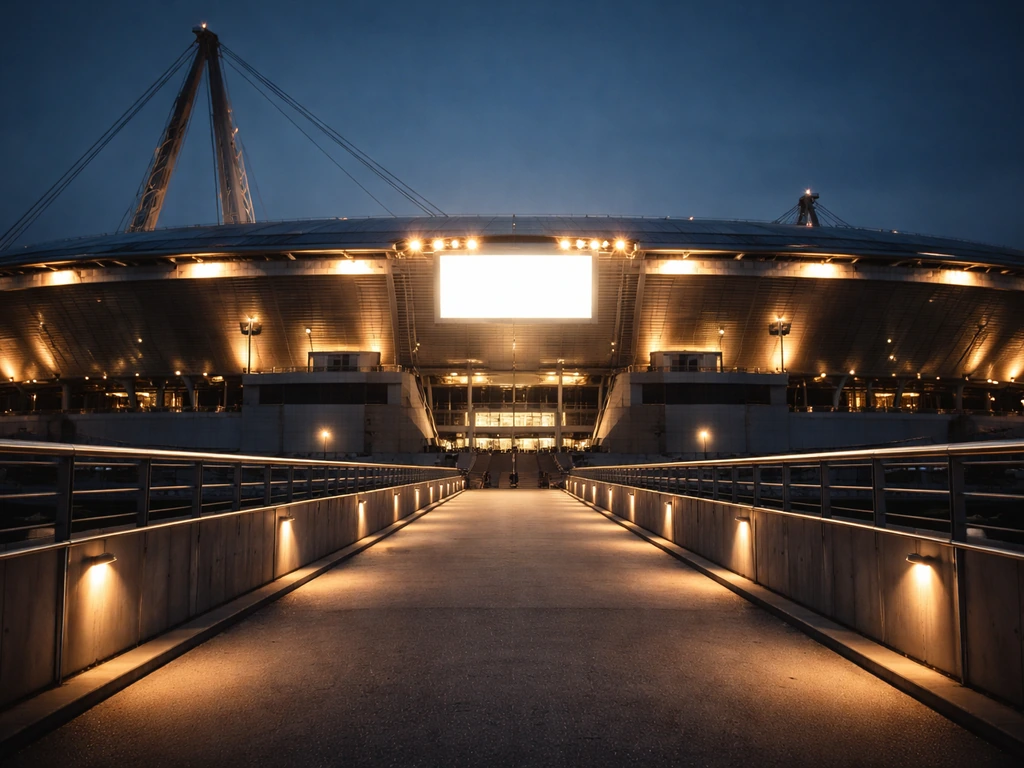 Dusk exterior of a football stadium with glowing lights and an unreadable scoreboard, no people.