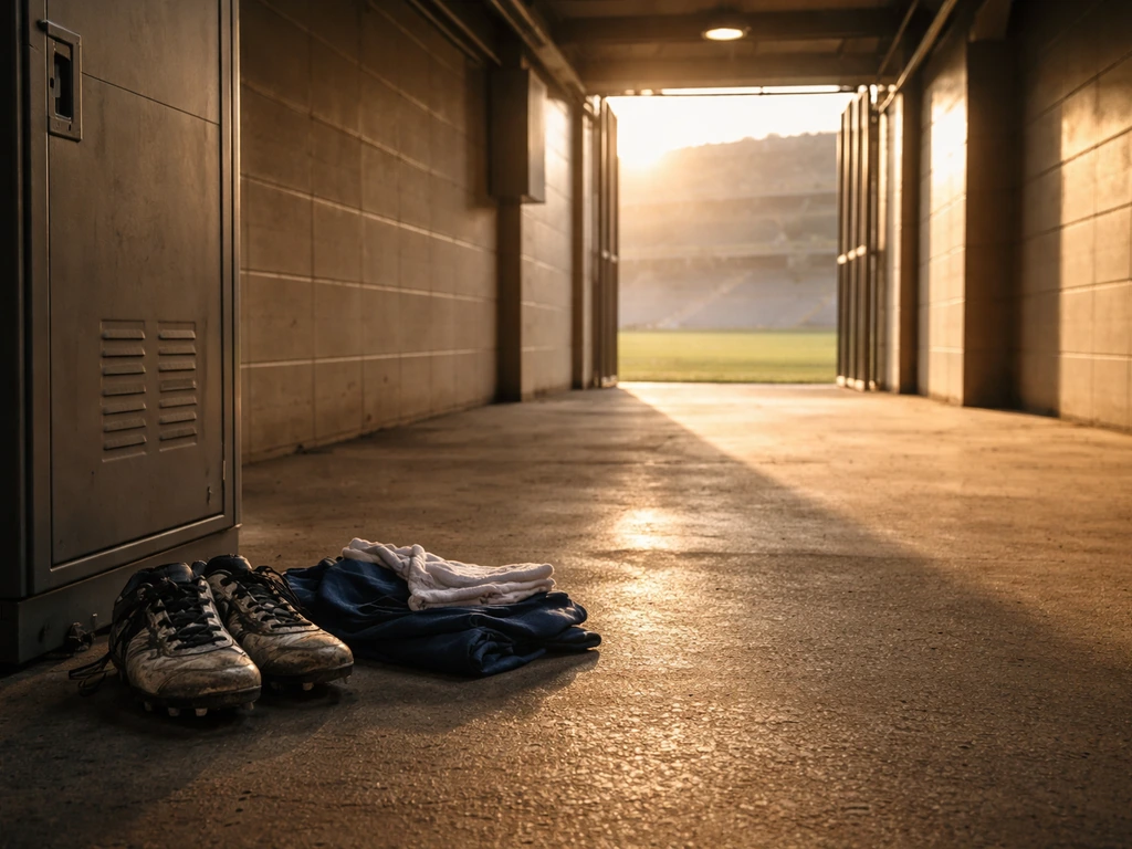 Empty stadium tunnel with football boots and training gear symbolizing an elite club era