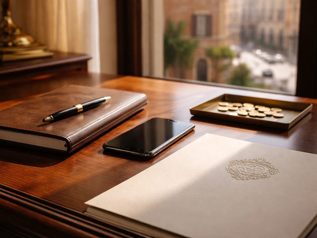 An elegant Italian-style office desk with a subtle royal emblem motif and a smartphone beside coins