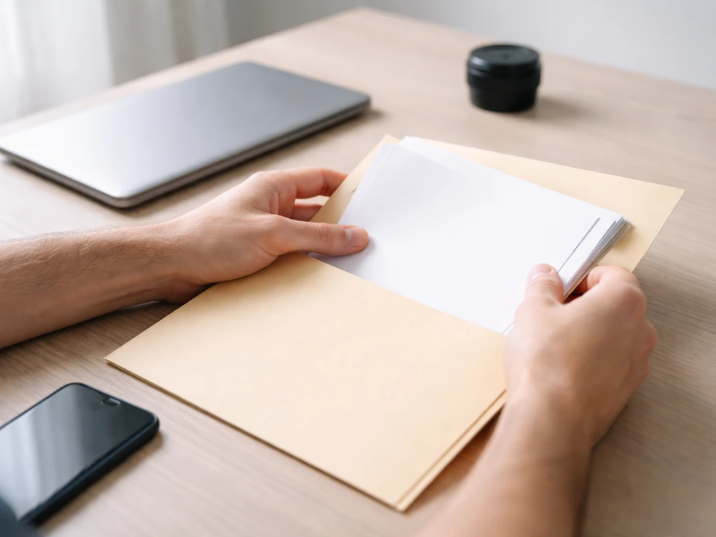 Hand placing anonymous documents into a folder beside a smartphone, symbolizing net worth estimation inputs.