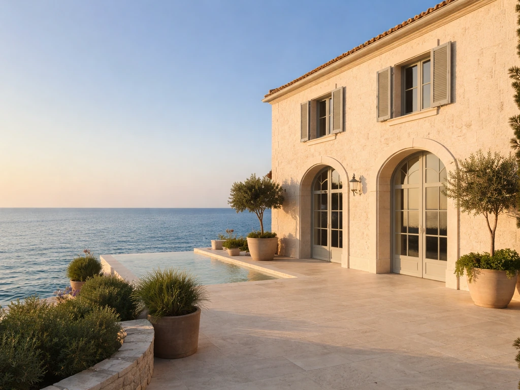 Sunlit exterior of a luxury villa overlooking the sea on Cavallo Island in Corsica, minimal composition.