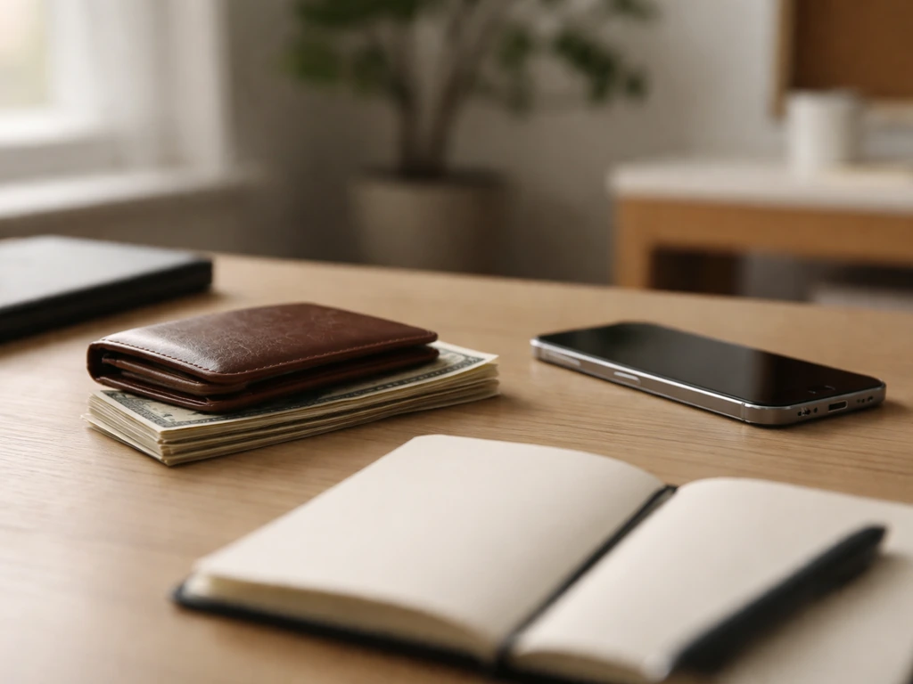 Minimal home office desk with cash and a wallet, suggesting financial estimates without any visible text.