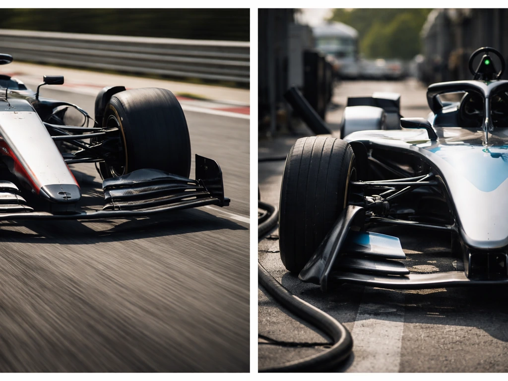 Split-view of Formula 1 and Formula E race cars on track, showing racing context without people or text.