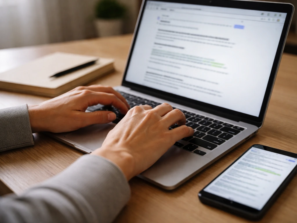 Hands typing on a laptop beside a phone showing blurred public registry search results.