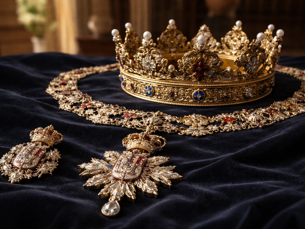 Ornate Spanish ducal coronet and jeweled regalia on velvet, hinting at the Duchess of Medinaceli title.