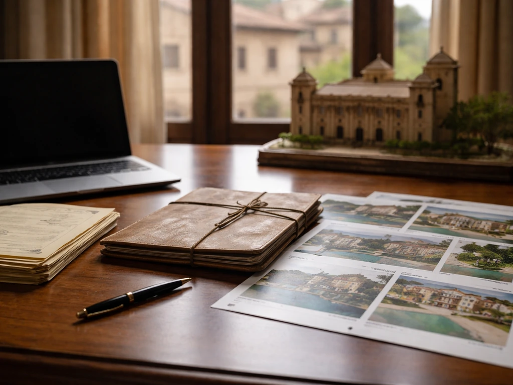 Office desk with anonymous property records and a small palace model symbolizing estate net-worth calculation.