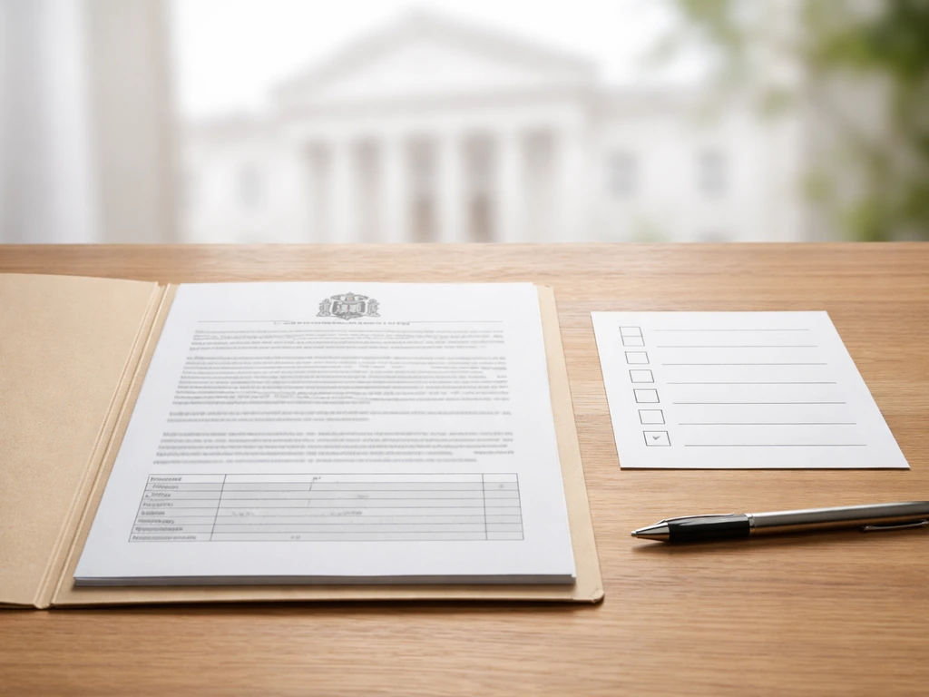 Close-up of a Nota Simple-style property document on a desk with a pen and simple checklist items