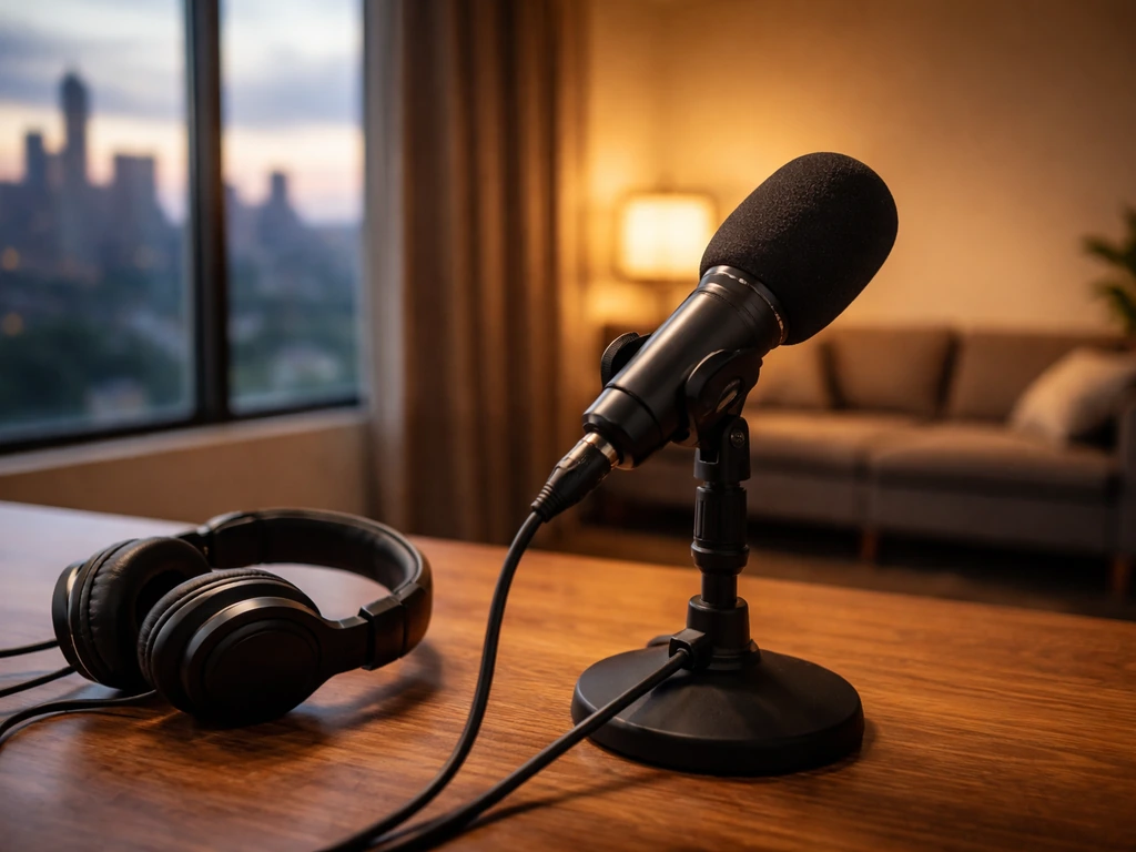 Studio desk with a microphone and headphones, softly lit interview room and distant city skyline.