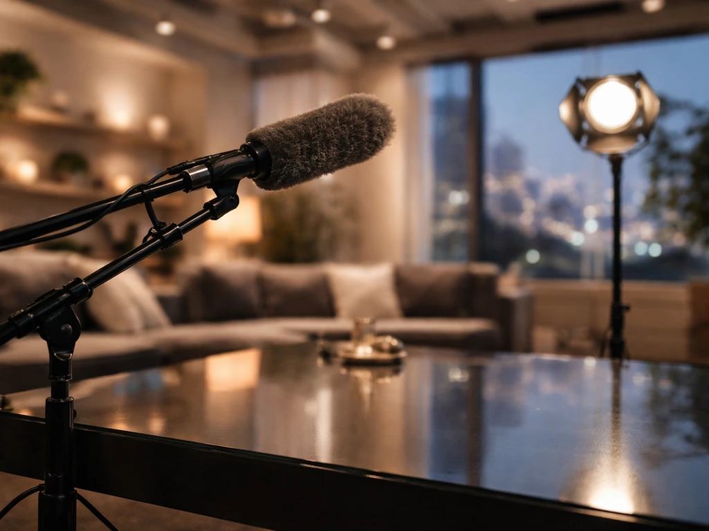 Close-up of TV production gear—boom mic and studio spotlight—with blurred media set background.