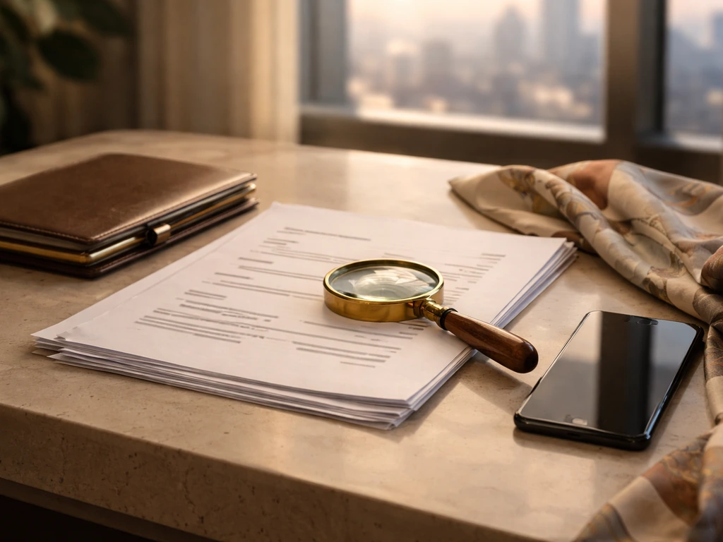 Magnifying glass over anonymous finance documents on a luxury office desk with a blurred city view.